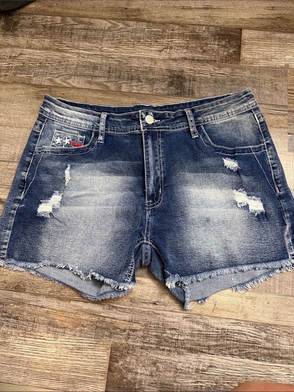 Frayed Hem Distressed Denim Shorts in Washed Blue